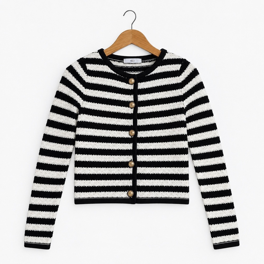 Mango MNG Striped Knit Cardigan Gold Crest Button Sweater Black White XS
